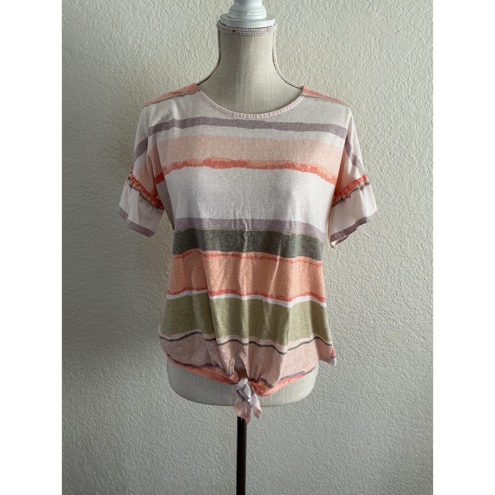 Trusself Striped Tie Front Ruffle Sleeve Top Size M Peach Sage Mauve Casual Boho